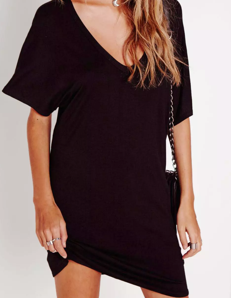 wide v neck t-shirt dress black